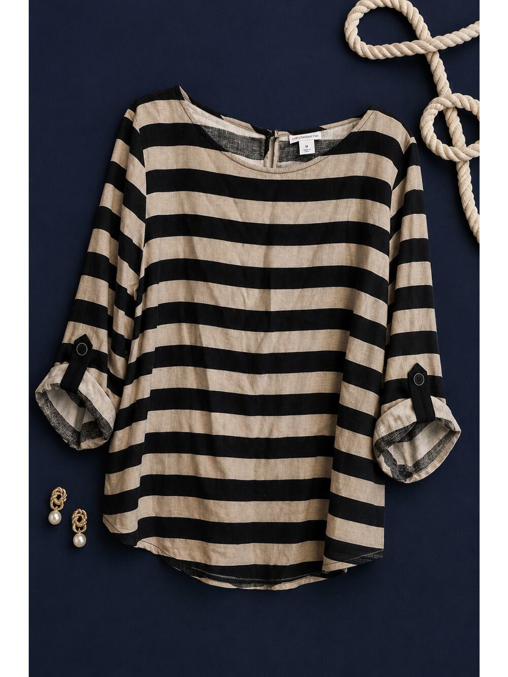 Liz Claiborne Black & Tan Striped Roll Tab Sleeve Blouse Medium